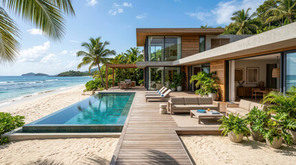 Fototapeta premium Beachfront villa with modern pool and lounge chairs on wooden deck