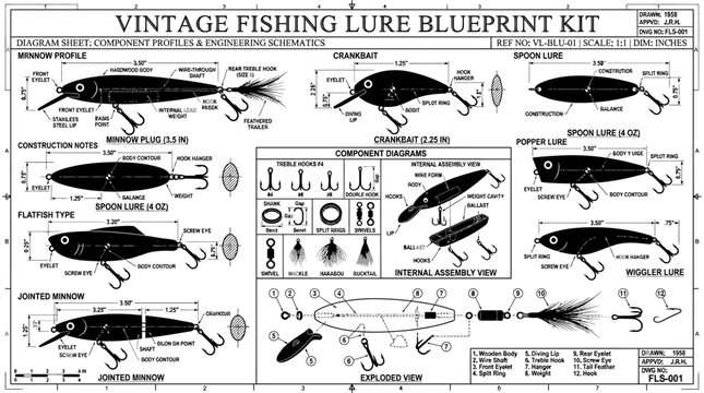 Vintage fishing lure blueprint designs kit.