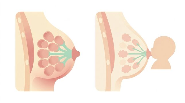 Diagram shows how breastfeeding occurs, illustrating engorgement before and during nursing sessions with a baby at the breast.