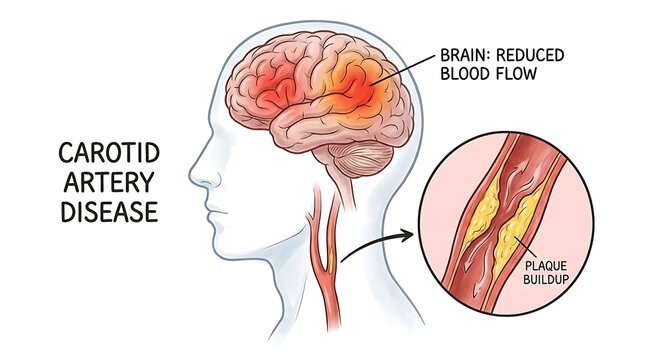 Medical illustration of carotid artery disease showing reduced blood
