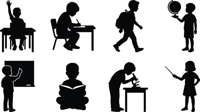 School children education silhouette vector set with students reading writing studying and raising hand in classroom