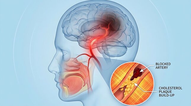 Medical illustration of a brain aneurysm and carotid artery blockage