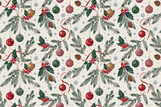 Seamless christmas pattern featuring watercolor pine branches, red berries, hanging ornaments, pinecones, and small snowflakes on cream background