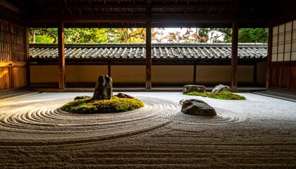 Obraz premium Japanese Zen Garden with Raked Gravel and Moss-Covered Rocks Representing Tranquility, Balance, and Mindful Design