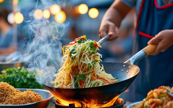 Closeup of Thai Street Vendor Tossing Green Papaya in Wok on Busy Street