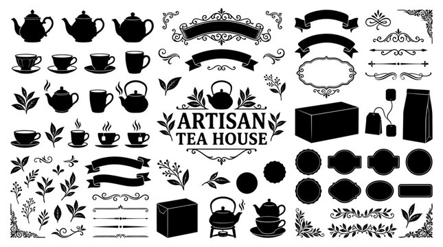 Tea House Silhouette Icon Set.