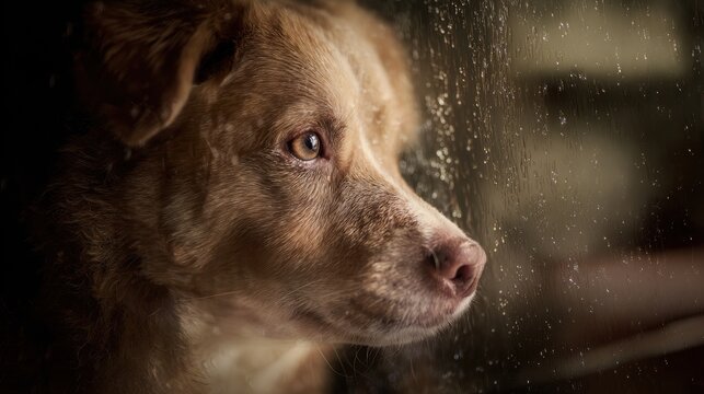 Dog looks out the window during a rainstorm while waiting inside the house