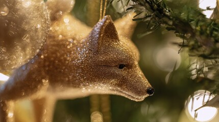 Obraz premium Gold fox ornament on a Christmas tree with lights in the background