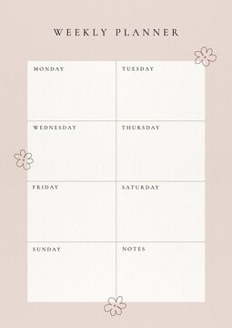 Minimalist weekly planner template with floral accents on a beige background.