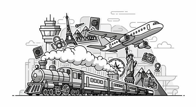 Vintage Train Airplane Cityscape Collage.