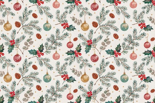 Festive seamless pattern with watercolor christmas including pine branches, red berries, hanging ornaments, pinecones, and small dots texture