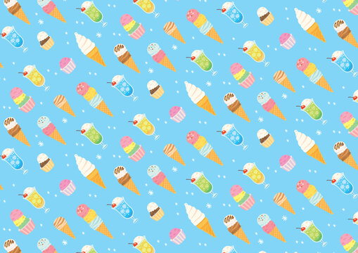 冷たいスイーツ アイスクリームとクリームソーダのかわいいシームレスパターン背景