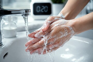 Fototapeta premium Hands Washing With Soap Beside a 20 Second Timer