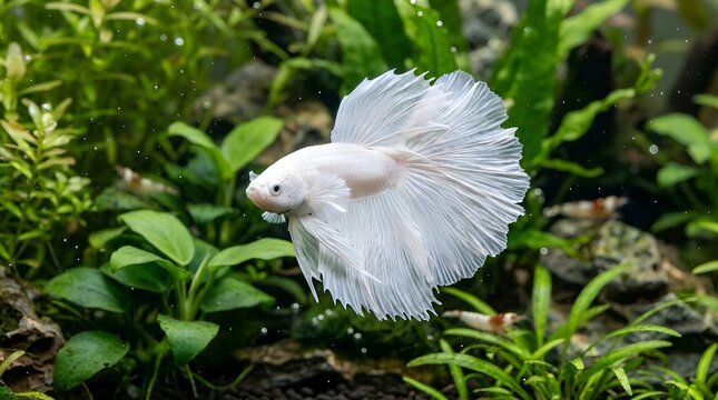 Elegant White Betta Fish Swimming in Lush Aquarium with Green Plants and Bubbles