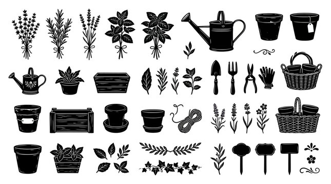 Collection of black silhouette gardening icons related icons