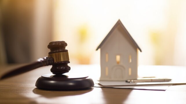 Court gavel and model house on a table with a document and pen in soft light