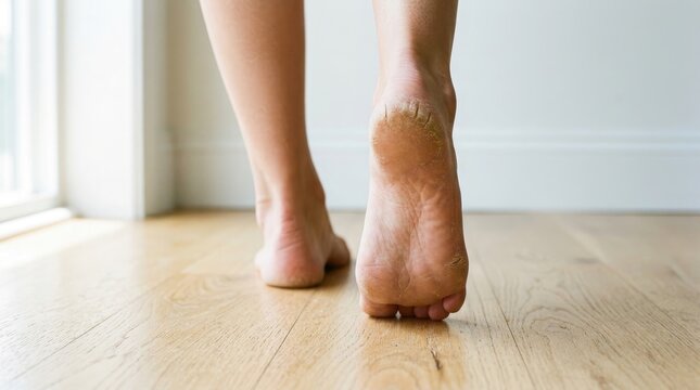 Dry cracked heels on bare feet walking on hardwood floor