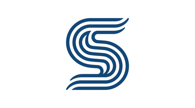 A blue abstract letter shape formed by flowing parallel lines on a white background