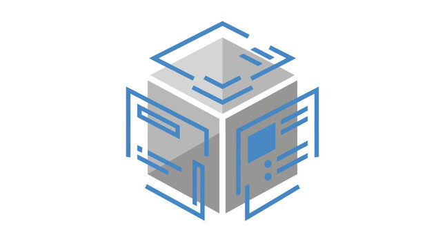 A digital cube graphic showing abstract data structures and geometric lines