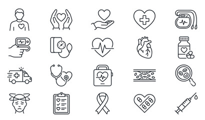 Fototapeta premium Cardiology and heart health medical outline icons set isolated on white background thin line stroke vector illustration hypertension blood pressure design