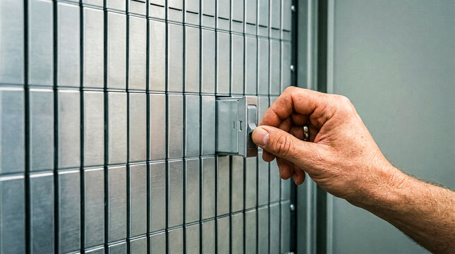 Close-up of a person operating the combination lock on a sturdy metal locker unit.