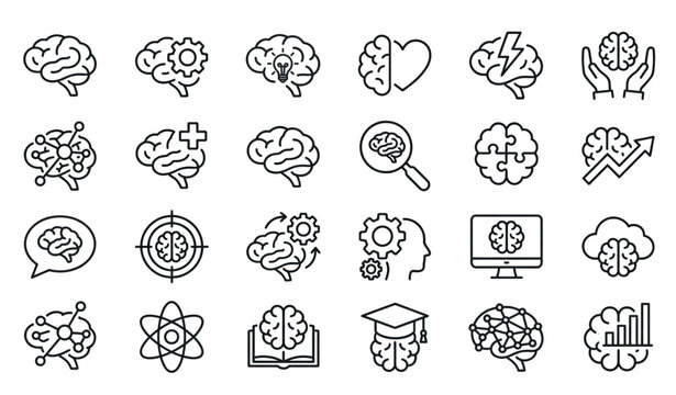 Brain intelligence and cognitive psychology outline icons set isolated on white background thin line stroke vector illustration neurological mental health design