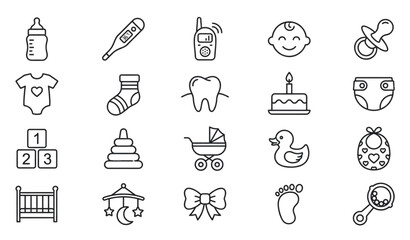 Fototapeta premium Baby care and infant essentials outline icons set isolated on white background thin line stroke vector illustration newborn nursery toys design