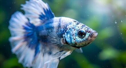Fototapeta premium Close-up of a Siamese Fighting Fish (Betta splendens) with blue and white scales, swimming.