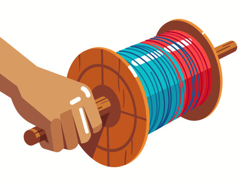 Hand holding wooden kite reel with colorful thread illustration.