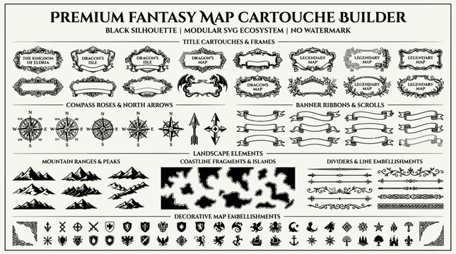 Premium Fantasy Map Cartouche Builder Elements.
