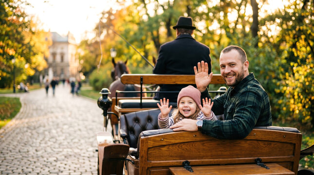 Happy father and daughter waving from horse carriage in park
