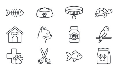 Fototapeta premium ​Pet shop and veterinary clinic outline icons set isolated on white background thin line stroke vector illustration domestic animal adoption design