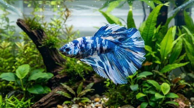 Colorful Betta Fish Swimming in Aquarium with Lush Green Plants and Driftwood