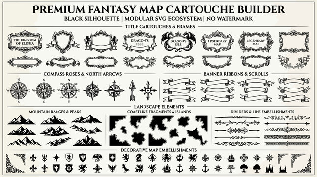 Premium Fantasy Map Cartouche Builder Elements.