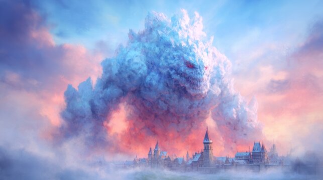 Massive cloud formation resembles giant creature over a castle at sunset
