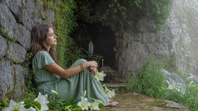 Young woman with wild lilies and rosary beads at misty grotto shrine, quiet devotion concept.