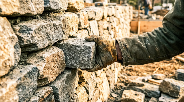 Close-up of a gloved hand positioning a rough-hewn stone into a dry-stacked masonry wall at a construction site.