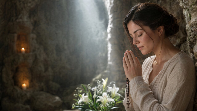 Young woman with wild lilies and rosary beads at misty grotto shrine, quiet devotion concept.