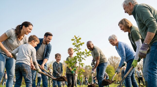Happy family and community volunteers working together to plant trees for environmental conservation.