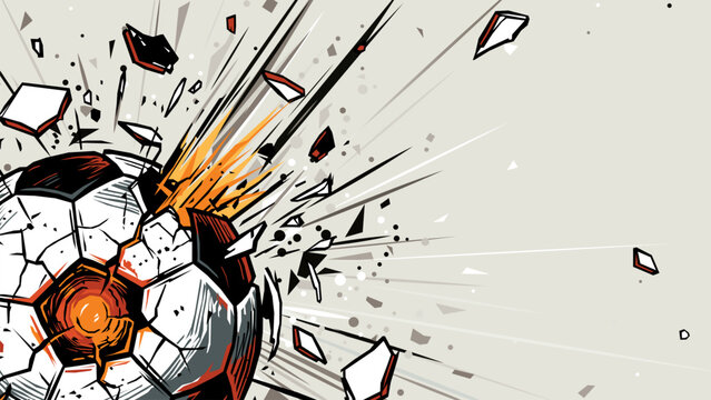 Soccer ball exploded and burst into flames with gray background background have blank space.
