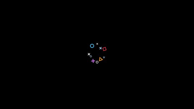 Abstract colorful geometric gaming symbols including circle square triangle cross icons arranged in a circular ring on black background

