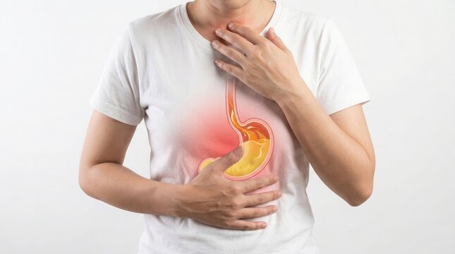 Heartburn and acid reflux illustration with human anatomy overlay