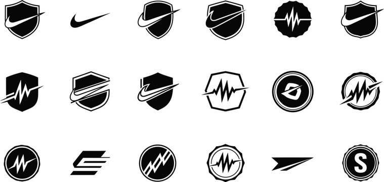 Collection of black and white sport featuring shields, circles, and abstract geometric symbols