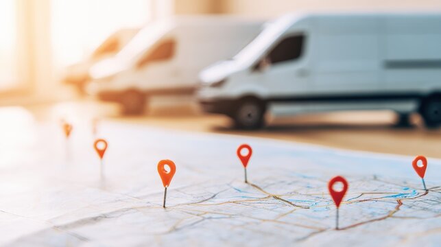 Delivery vans preparing for routes with map and location pins in view