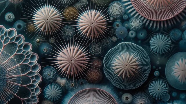 Microscopic view of diatom algae blooming. Marine plankton organisms pattern in ocean water. Biological study of oceanic microorganisms under high magnification.