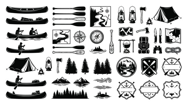 Camping icons and travel symbols set.