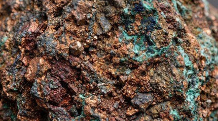 Naklejka premium Raw Copper Ore Mineral Specimen with Chalcopyrite and Malachite Deposits Close Up Macro Texture for Geological Study and Industrial Mining Backgrounds