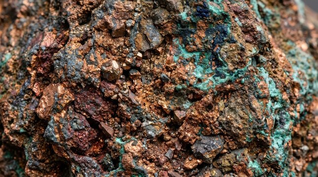 Raw Copper Ore Mineral Specimen with Chalcopyrite and Malachite Deposits Close Up Macro Texture for Geological Study and Industrial Mining Backgrounds