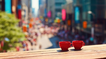 Naklejka premium Coffee cups on a table overlook a busy street in the city during the day