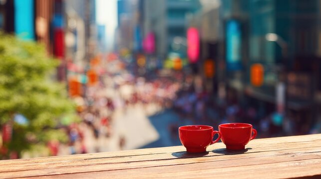 Coffee cups on a table overlook a busy street in the city during the day